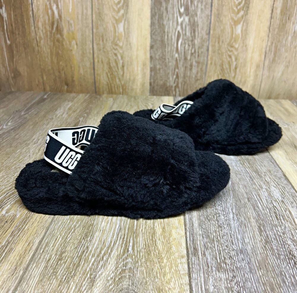 UGG Fluff Yeah Women’s US Size 6 Black Faux Fur Slip On Slide Slipper Shoes